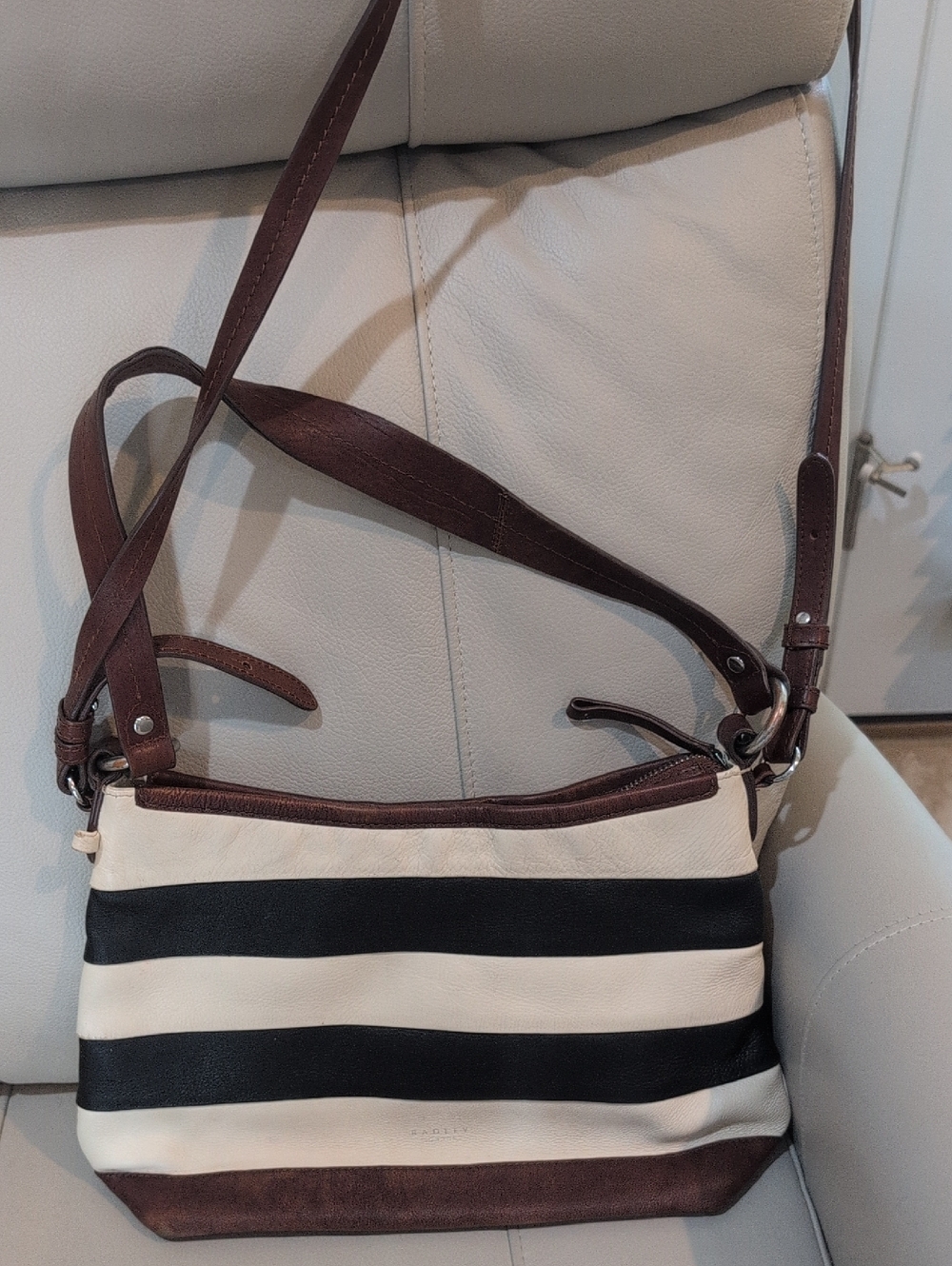 RADLEY LONDON Black and Cream Striped  Leather Crossbody with Brown Leather Trim